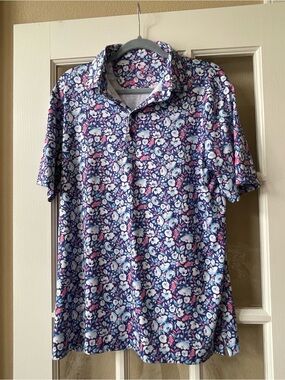 Navy Floral Short-Sleeve Polo with Pink Accents